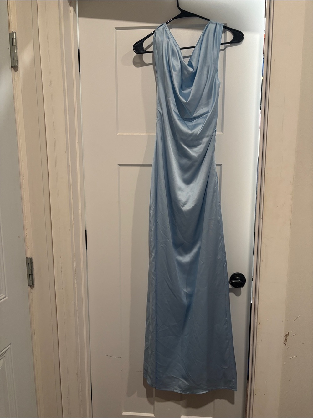 Satin off the Shoulder Maxi Dress in Light Blue